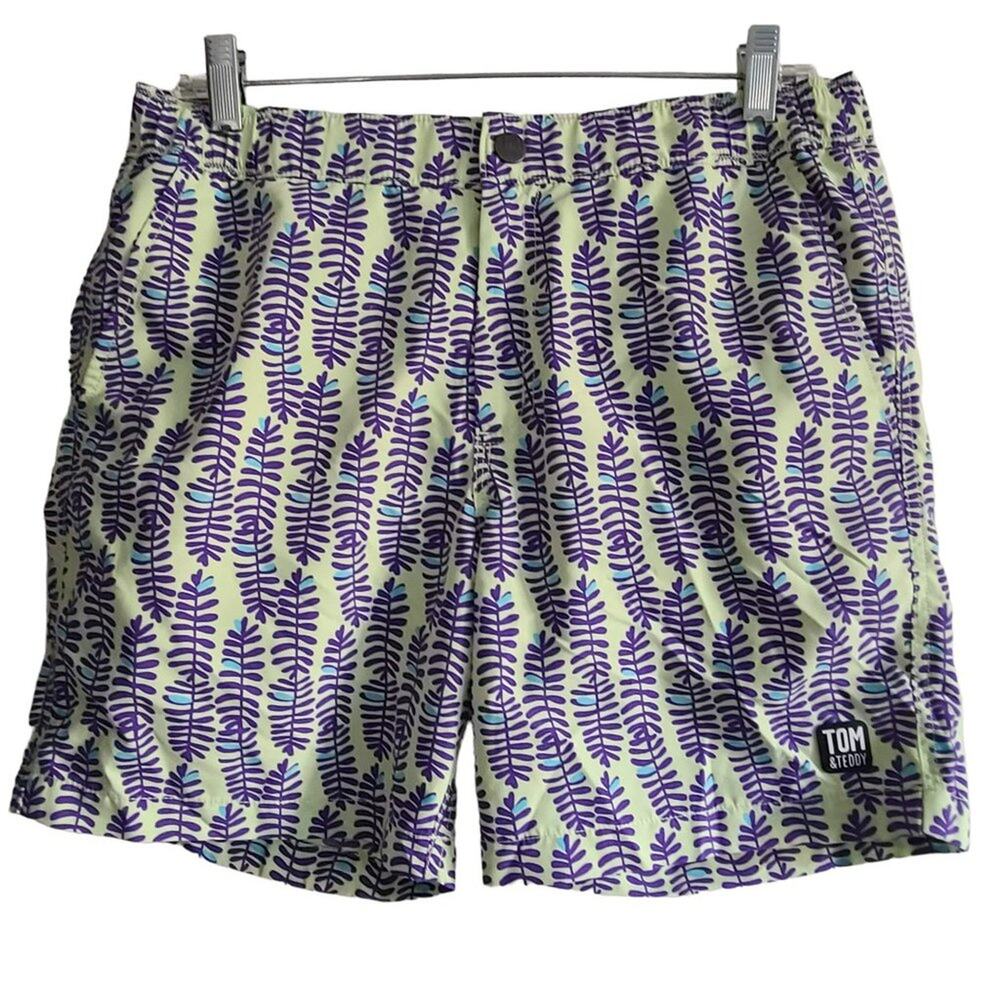 TOM & TEDDY Lt Green & Purple Feathers Leaves UPF 50+ Swim Shorts Men's‎ Small